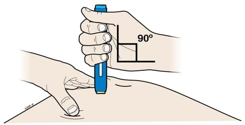 A hand holds an injection pen vertically at 90 degrees to the skin of the