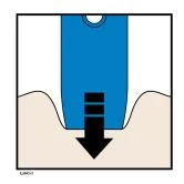 Schematic diagram showing a blue medical device being pressed vertically downward onto a light skin surface