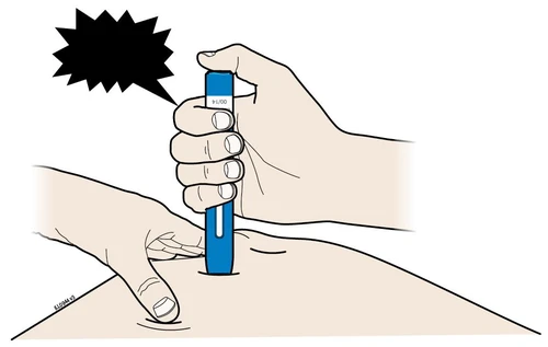 A hand holds a blue medical device to inject it into the skin of the