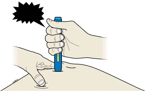 A hand holds a blue injection pen to apply it vertically to the skin of the