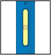 Blue medical device with a central oval window showing yellow liquid and a horizontal control band in the center
