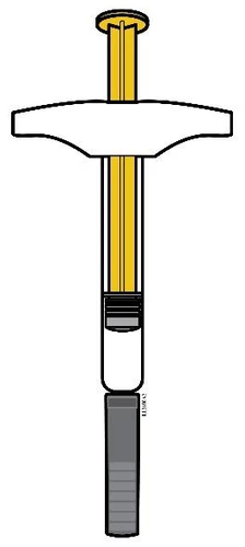 Vertical technical drawing of a syringe with transparent barrel, yellow plunger, and gray base with dark cylindrical section