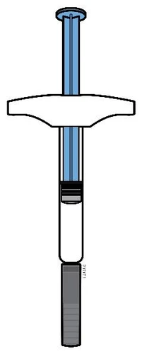 Technical drawing of a pre-filled syringe with white cylindrical body, blue plunger, and gray base on a white background