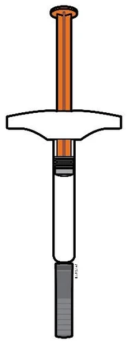 Syringe-shaped medical device with white body, orange plunger, and gray base with measurement markings