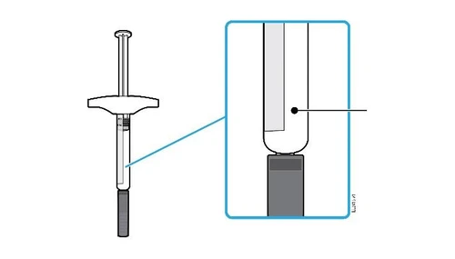 Technical diagram of a syringe with a lateral magnification showing detail of the upper part of the cylinder and plunger