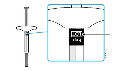 Technical diagram of a medical device with magnification of the cylindrical body showing boxes for batch number and expiration date