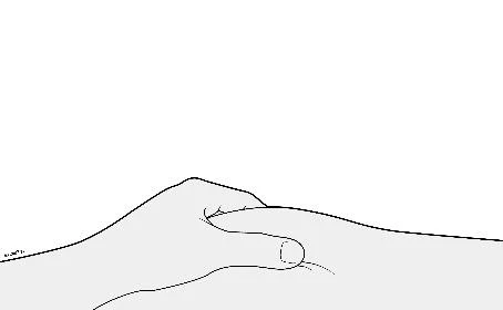 Black line drawing showing two interlocked hands with overlapping fingers in a gesture of support or physical contact