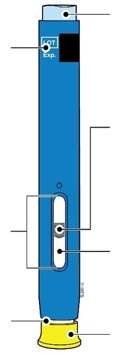 Technical diagram of a blue medical device with indicators for batch and expiration, control window, and yellow base with reference lines