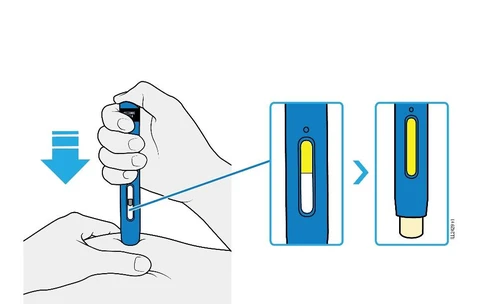 Illustration of a hand pressing a blue medical device against the skin with magnifications showing the yellow control window