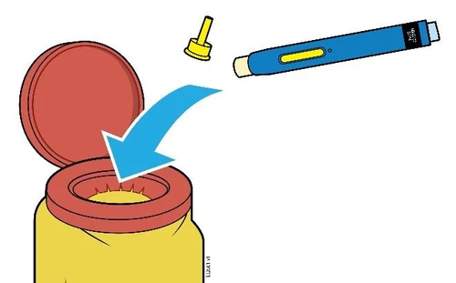 Illustration of a blue injection pen being inserted into a yellow container with red lid via a directional blue arrow