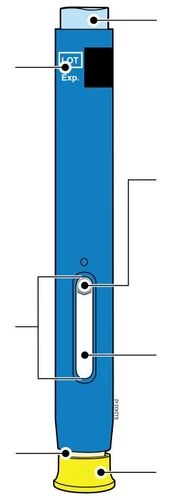 Technical diagram of a blue injection pen with indications for batch and expiration and reference lines for various parts of the device