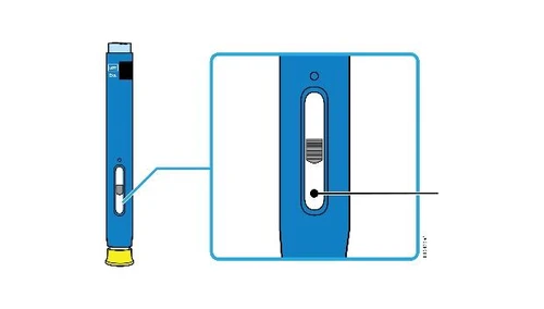 Technical drawing of a blue injection pen with magnification of a transparent window showing the level of internal liquid