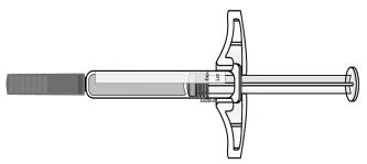Technical drawing of a horizontal syringe with transparent barrel, plunger, cross-shaped grip, and batch number indicated on the cylinder
