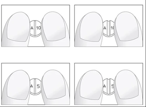Four-panel diagram showing two fingers pressing a medical device with the numbers 10 and 5 indicated between them