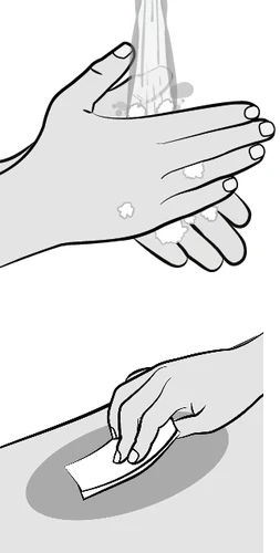 Disegno in bianco e nero che mostra due mani che si lavano sotto un getto d'acqua con schiuma e una mano che usa un fazzoletto su una superficie