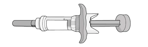 Technical drawing in grayscale of a pre-filled syringe with plunger, cylindrical body and wide wings for manual grip