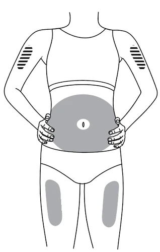 Human body diagram indicating drug application sites on the body