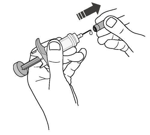 Two hands connecting a needle to a medication vial with an arrow indicating the insertion movement