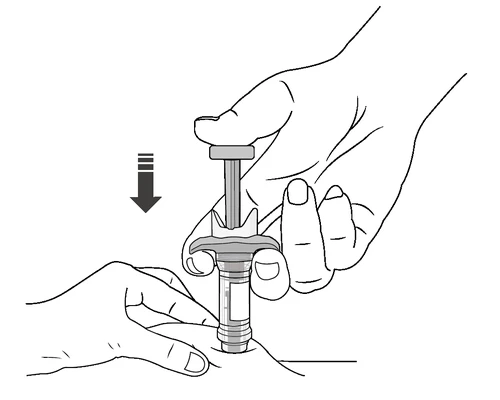 Two hands holding a cylindrical medical device for injection