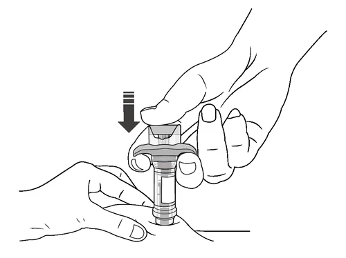 Technical drawing showing two hands holding a pre-filled syringe with a black arrow indicating downward pressure for administration