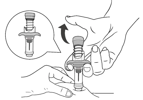 Technical drawing showing two hands rotating a cylindrical medical device with an inset detail of the upper part
