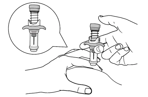 Technical drawing showing two hands holding an injection medical device with an inset detail of the upper mechanism