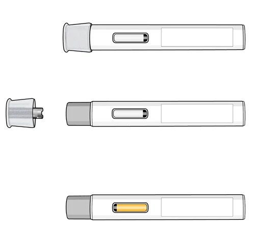 Technical drawing showing three auto-injector pens arranged horizontally: one with cap, one disassembled, and one with visible yellow liquid in the viewing window