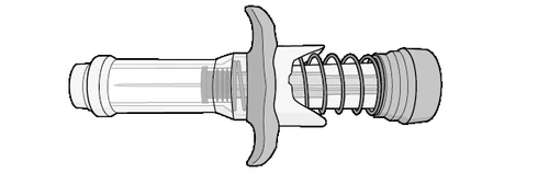 Technical drawing of a cylindrical medical device with an exposed metal spring and a central lever for activation