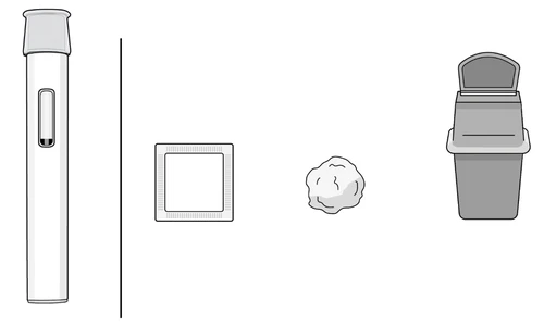 Technical drawing of an injection pen, a square-shaped device, a cotton swab, and a container for disposal of medical waste