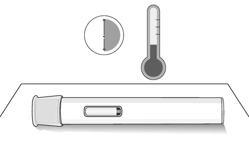 Thermometer with medium fluid level next to a circle with a vertical arrow and a horizontal injection pen on a white surface