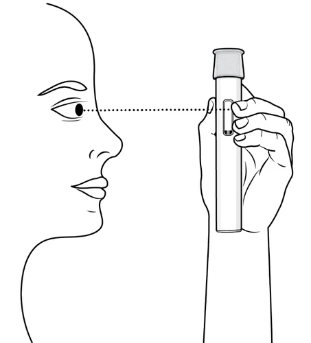 Line drawing of a human profile looking through a cylindrical medical device held vertically by a hand