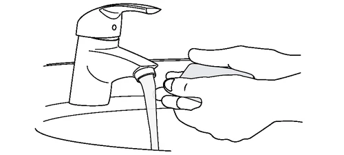 Line drawing of two hands thoroughly washing under an open tap with flowing water
