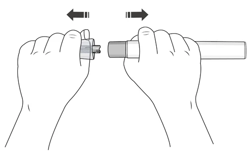 Two hands handling two parts of a medical device to assemble them together, with black arrows indicating lateral movement