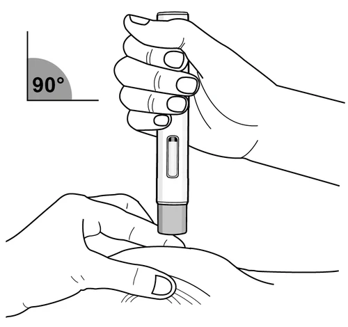 A hand holding an injection pen vertically at 90 degrees to the thigh skin for administration