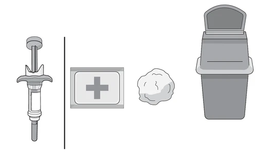 Schematic drawing of a vial with a syringe, a package with a medical cross, a cotton swab, and a biohazard waste container