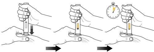 Three sequential illustrations showing a hand pressing a medical device against the skin with an arrow and a timer indicating duration