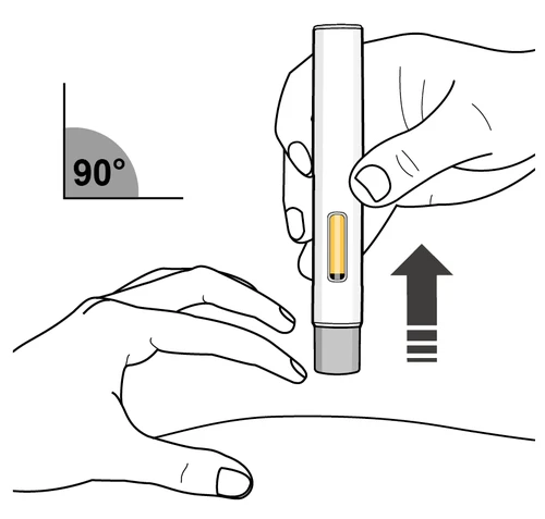 Technical drawing showing a hand holding an injector at 90 degrees to the skin with an arrow pointing downward