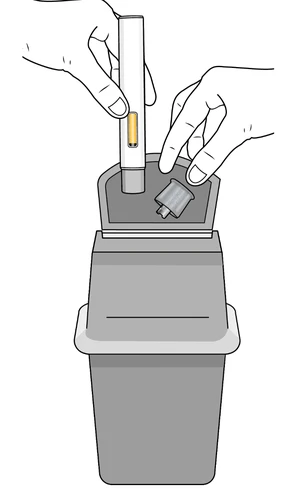 Two hands handling a pen-type medical device above a gray container for disposal of medical waste, with the cap removed