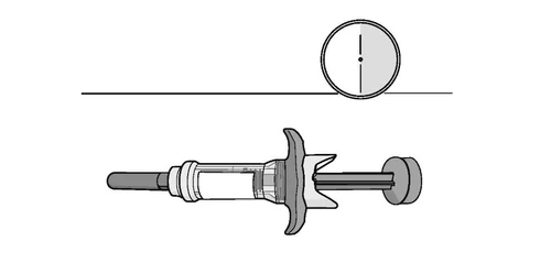 Technical drawing of a horizontal pre-filled syringe with a circle at the top showing a detail of the vertical reference line