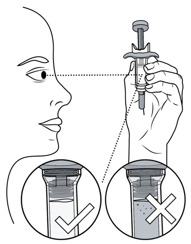 Technical drawing showing a hand holding a vial near the injection site
