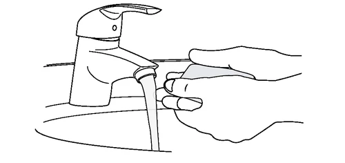 Black and white drawing showing two hands opening a tap from which a stream of water flows