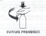 Schematic drawing of a hand pressing down and rotating the cap of a bottle downward, with a curved arrow indicating the unscrewing motion