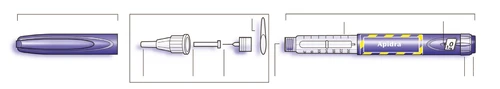 Exploded diagram of an Apidra insulin pen showing the pen body, cap, and