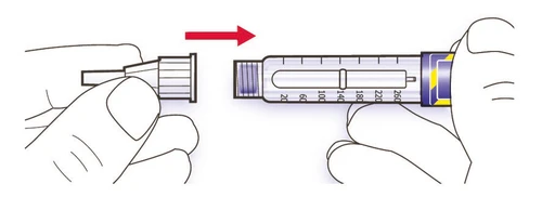 Two hands separating or joining a white protective cap from the body of a graduated syringe with a red directional arrow
