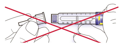 Technical drawing with a large red cross indicating prohibition of separating the cap from the syringe during