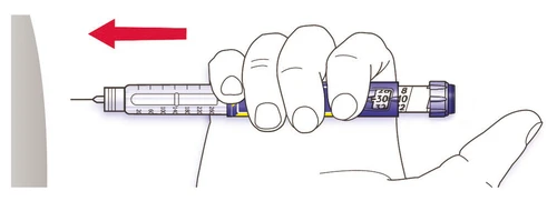 A hand holding a horizontal syringe with a red arrow indicating leftward extraction from the body