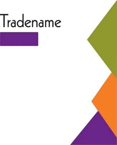 Black text with the word Tradename on a white background, with purple, green, and orange geometric shapes on the right side