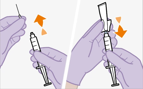 Two gloved hands preparing a syringe, one hand holding the syringe barrel while the other attaches the needle