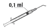 Rysunek techniczny strzykawki z oznaczeniem dawki 0,1 ml za pomocą linii prowadzącej do podziałki na cylindrze