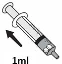 Disegno tecnico di una siringa con indicazione di 1 ml e una freccia nera che punta verso il pistone per indicare il movimento di aspirazione